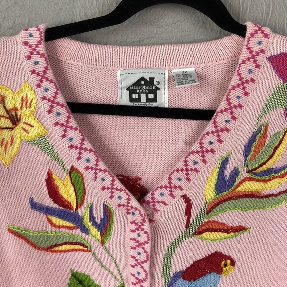 Storybook Sweater Womens 2X Plus Size Pink Parrots Tropical Cardigan Art to Wear - Picture 5 of 16